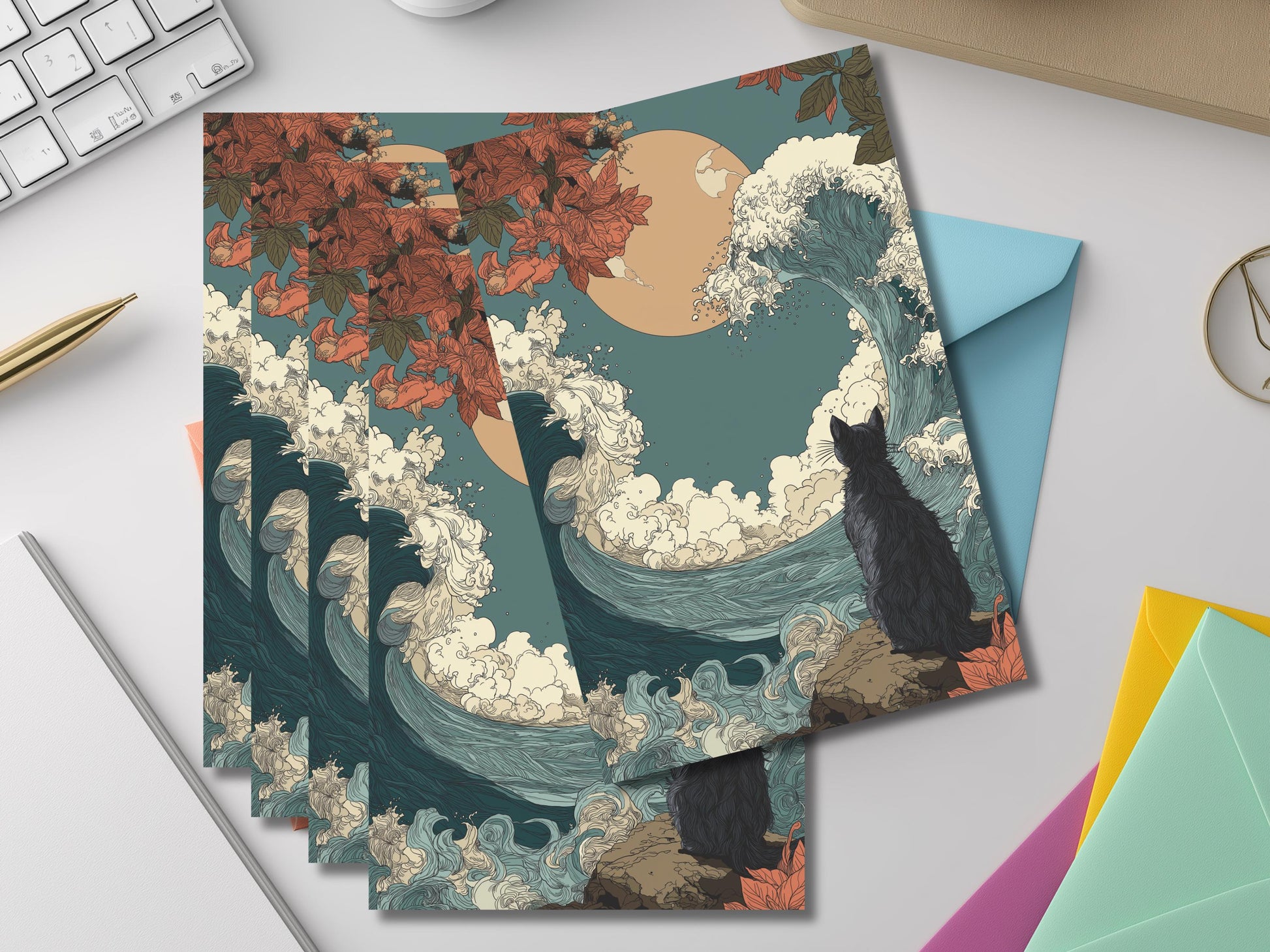Ukiyo-e Cat Notecard Set – Japanese Woodblock Style Art Cards with Colored Envelopes