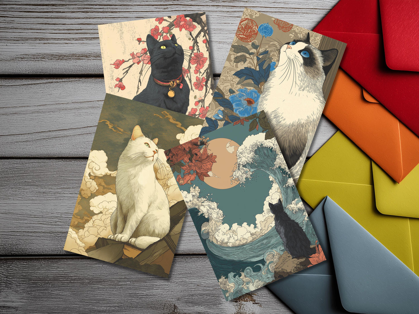 Ukiyo-e Cat Notecard Set – Japanese Woodblock Style Art Cards with Colored Envelopes